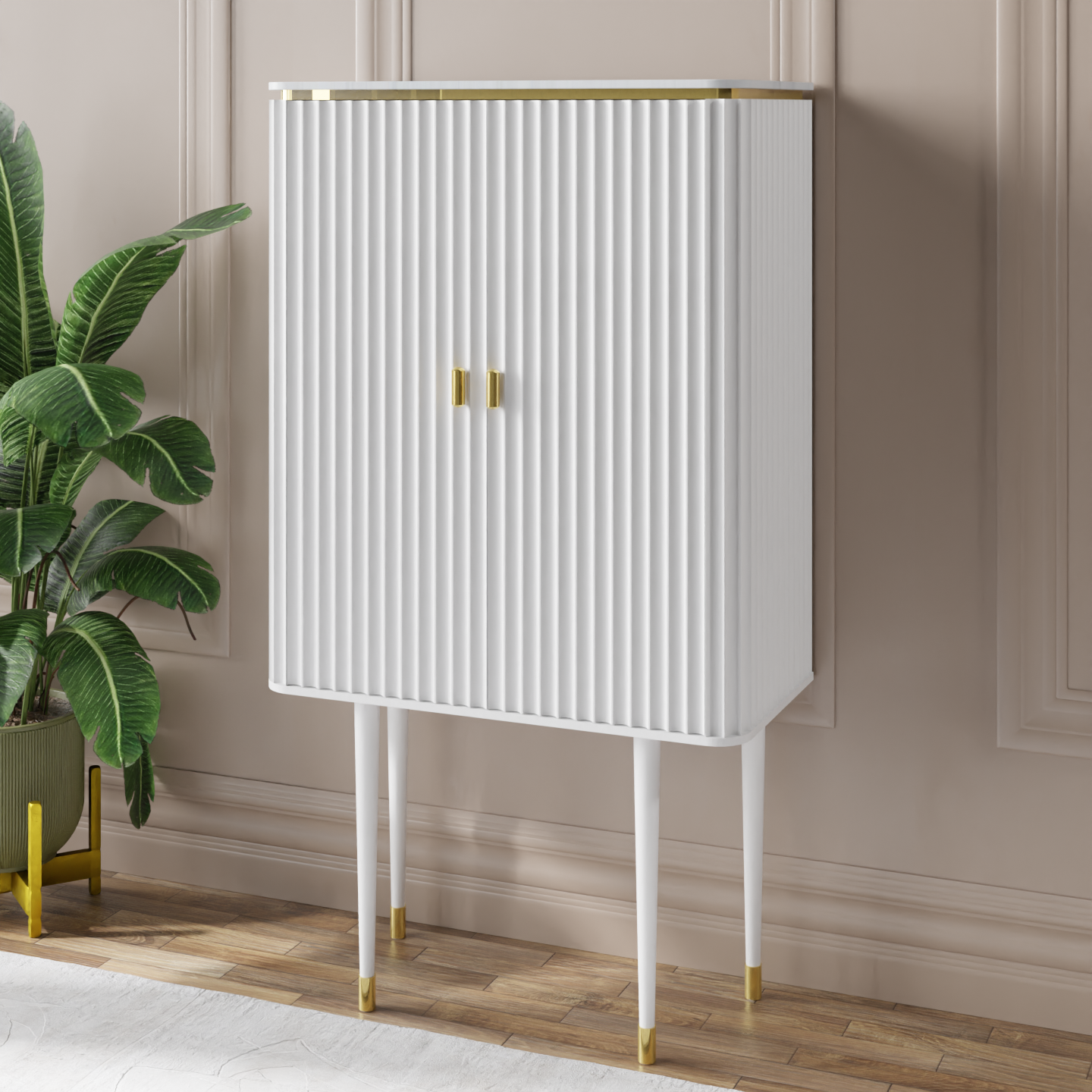 Luxury Contemporary 2-Door Tall Bar Highboard with Fluted Wood Panels & Brass Accent Legs