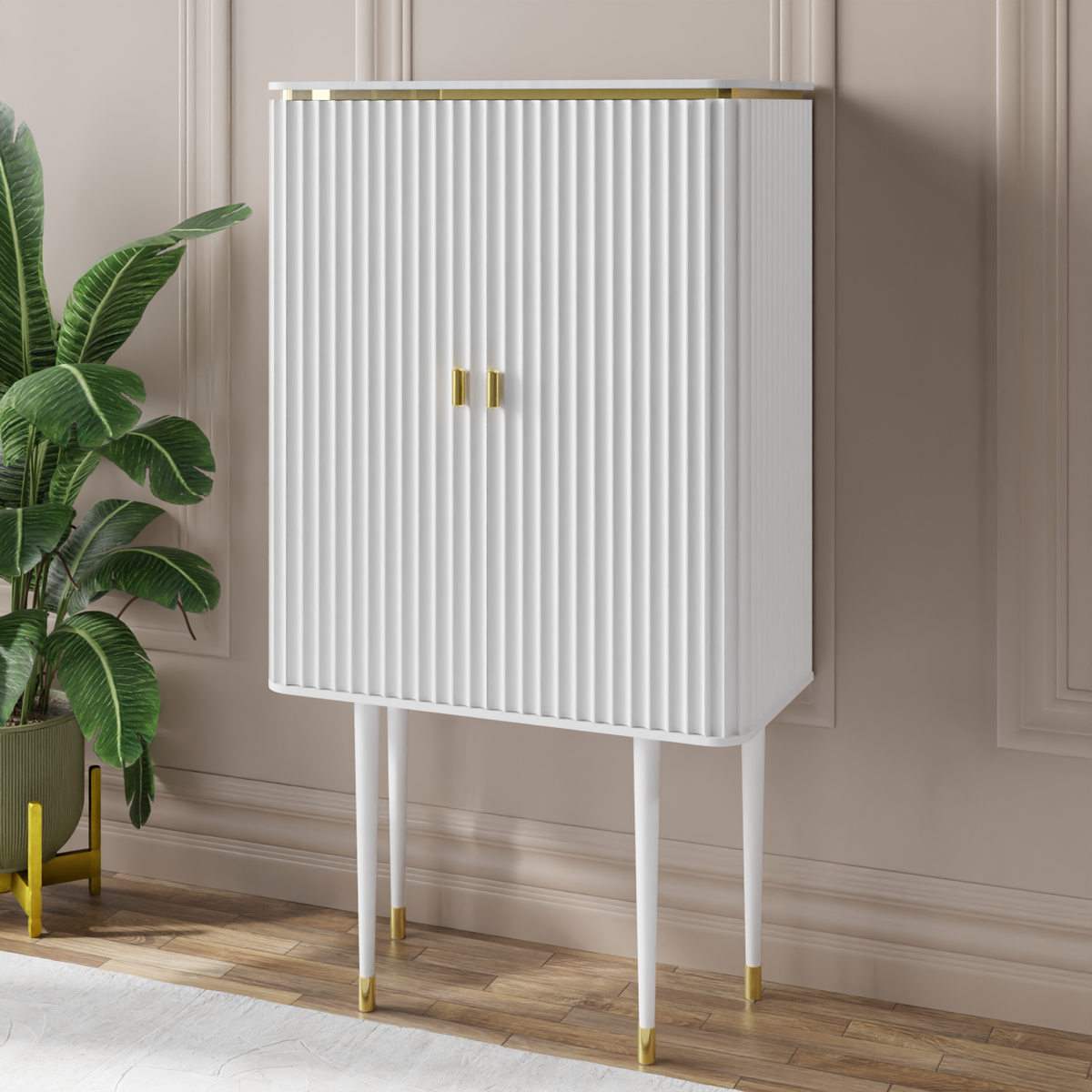 Luxury Contemporary 2-Door Tall Bar Highboard with Fluted Wood Panels & Brass Accent Legs