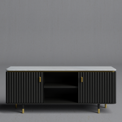 Modern Fluted Black TV Console Unit with White Marble Top & Gold Accents