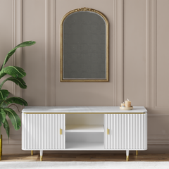 Modern Fluted Black TV Console Unit with White Marble Top & Gold Accents