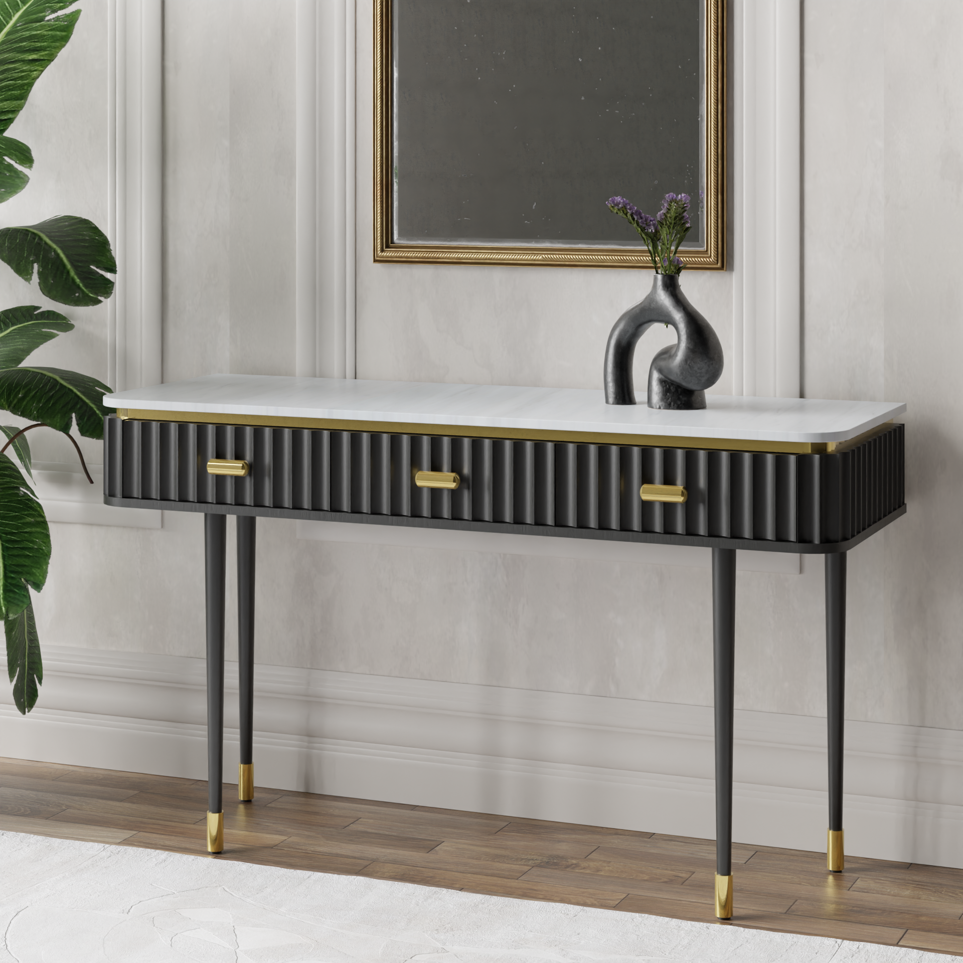 Modern Fluted Black Console Table with White Marble Top & Gold Hardware