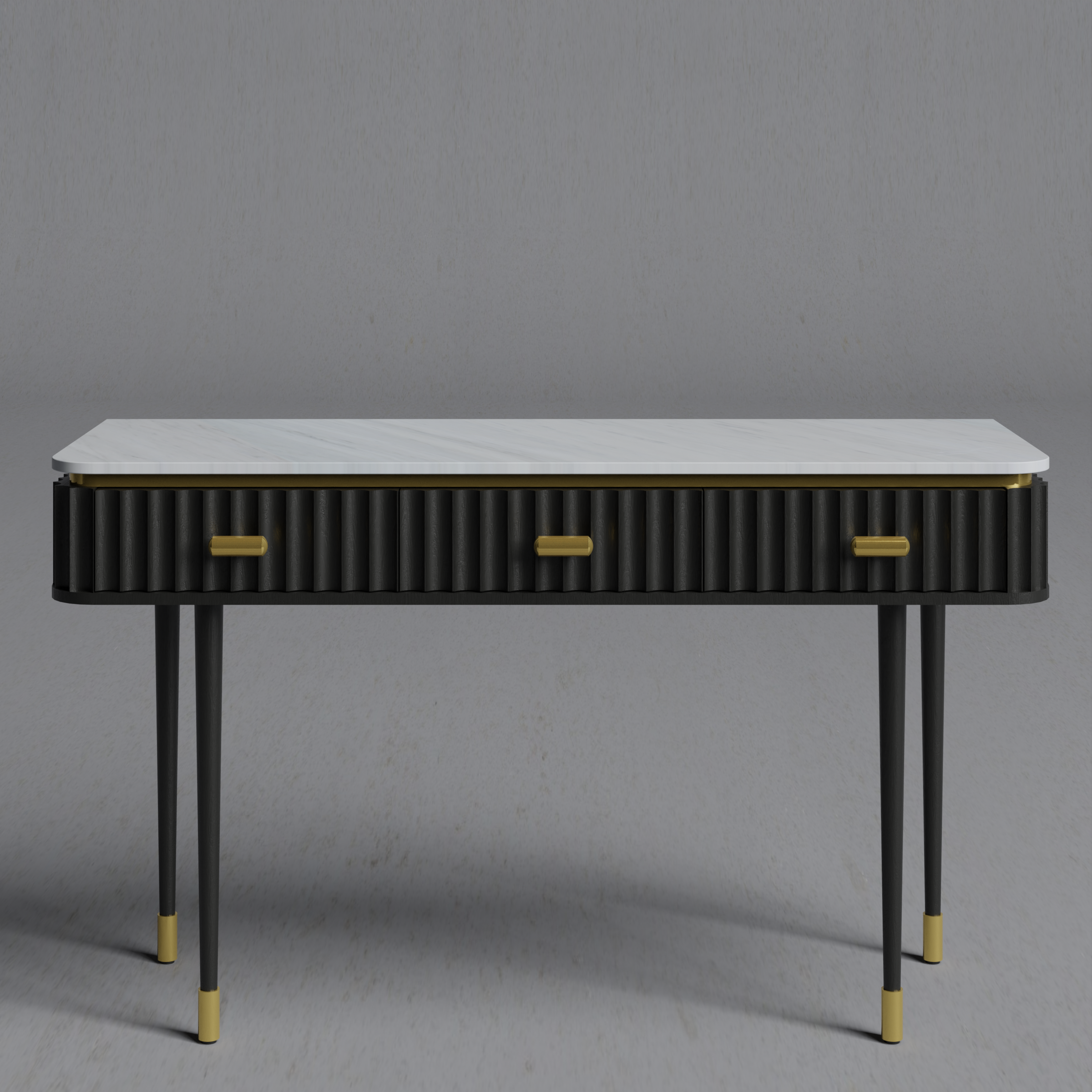 Modern Fluted Black Console Table with White Marble Top & Gold Hardware