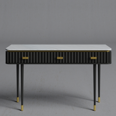 Modern Fluted Black Console Table with White Marble Top & Gold Hardware
