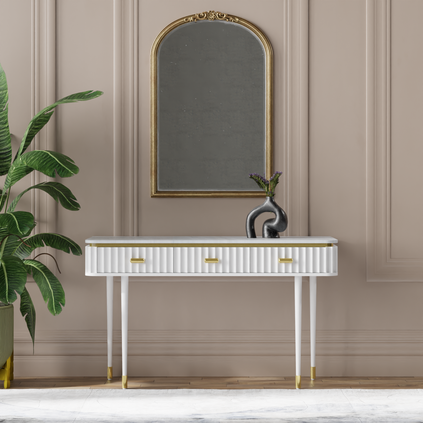Modern Fluted Black Console Table with White Marble Top & Gold Hardware