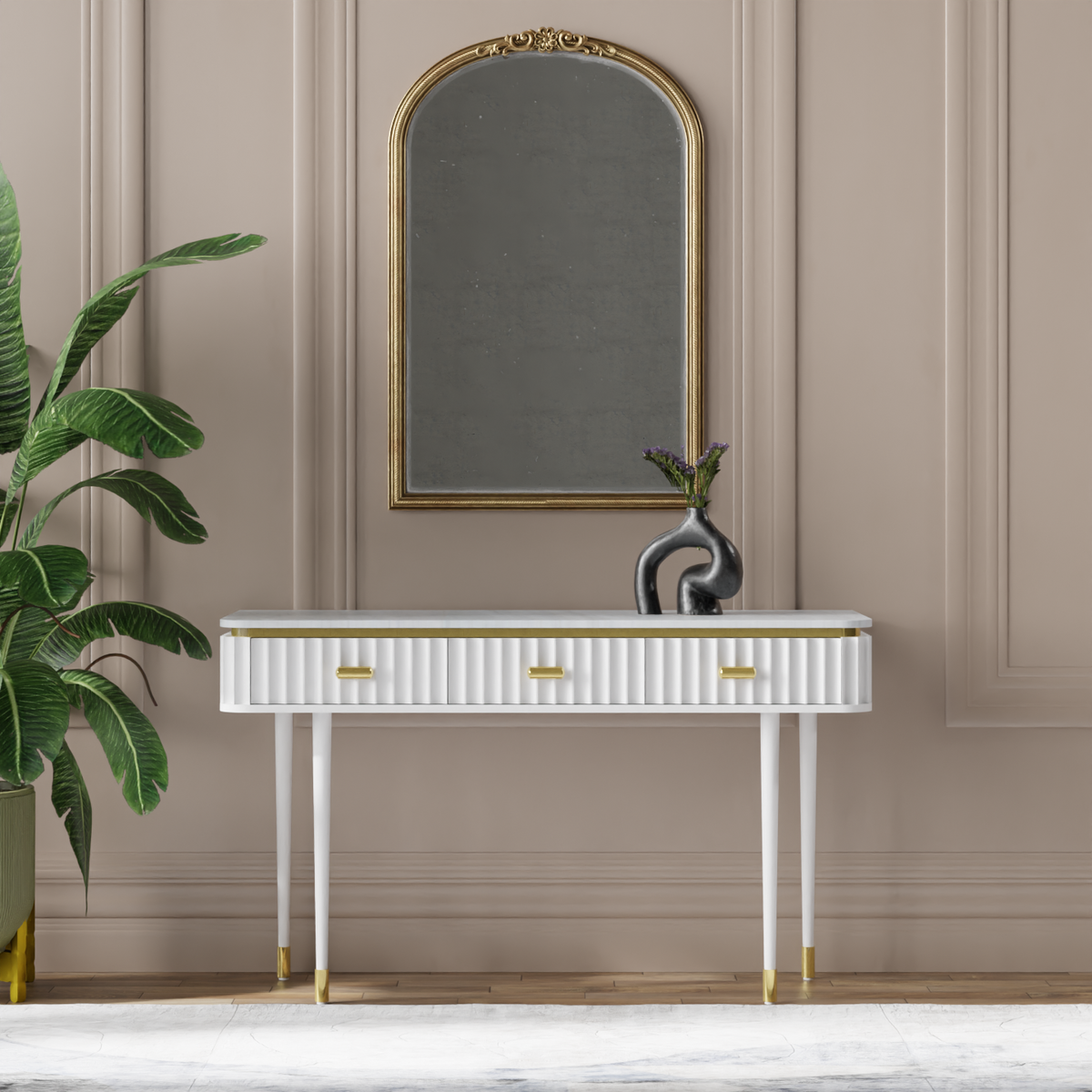 Modern Fluted Black Console Table with White Marble Top & Gold Hardware