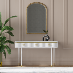 Modern Fluted Black Console Table with White Marble Top & Gold Hardware