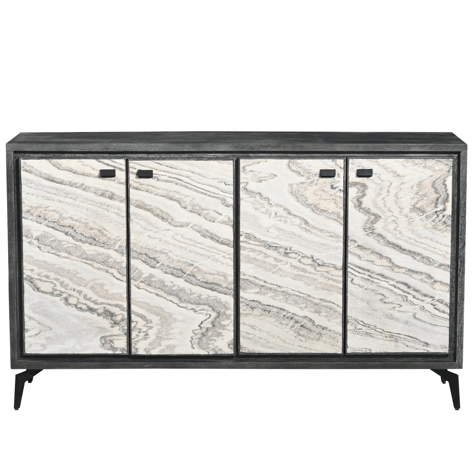 Modern Wooden Sideboard Cabinet with Marble-Patterned 4-Door Panels & Metal Legs