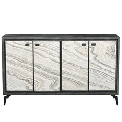 Modern Wooden Sideboard Cabinet with Marble-Patterned 4-Door Panels & Metal Legs