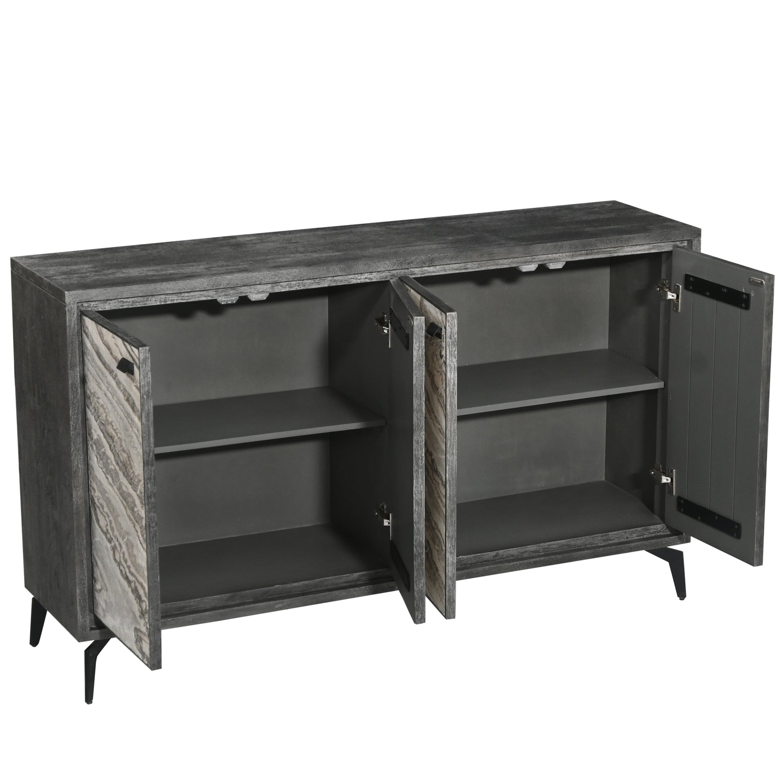 Modern Wooden Sideboard Cabinet with Marble-Patterned 4-Door Panels & Metal Legs