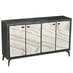 Modern Wooden Sideboard Cabinet with Marble-Patterned 4-Door Panels & Metal Legs