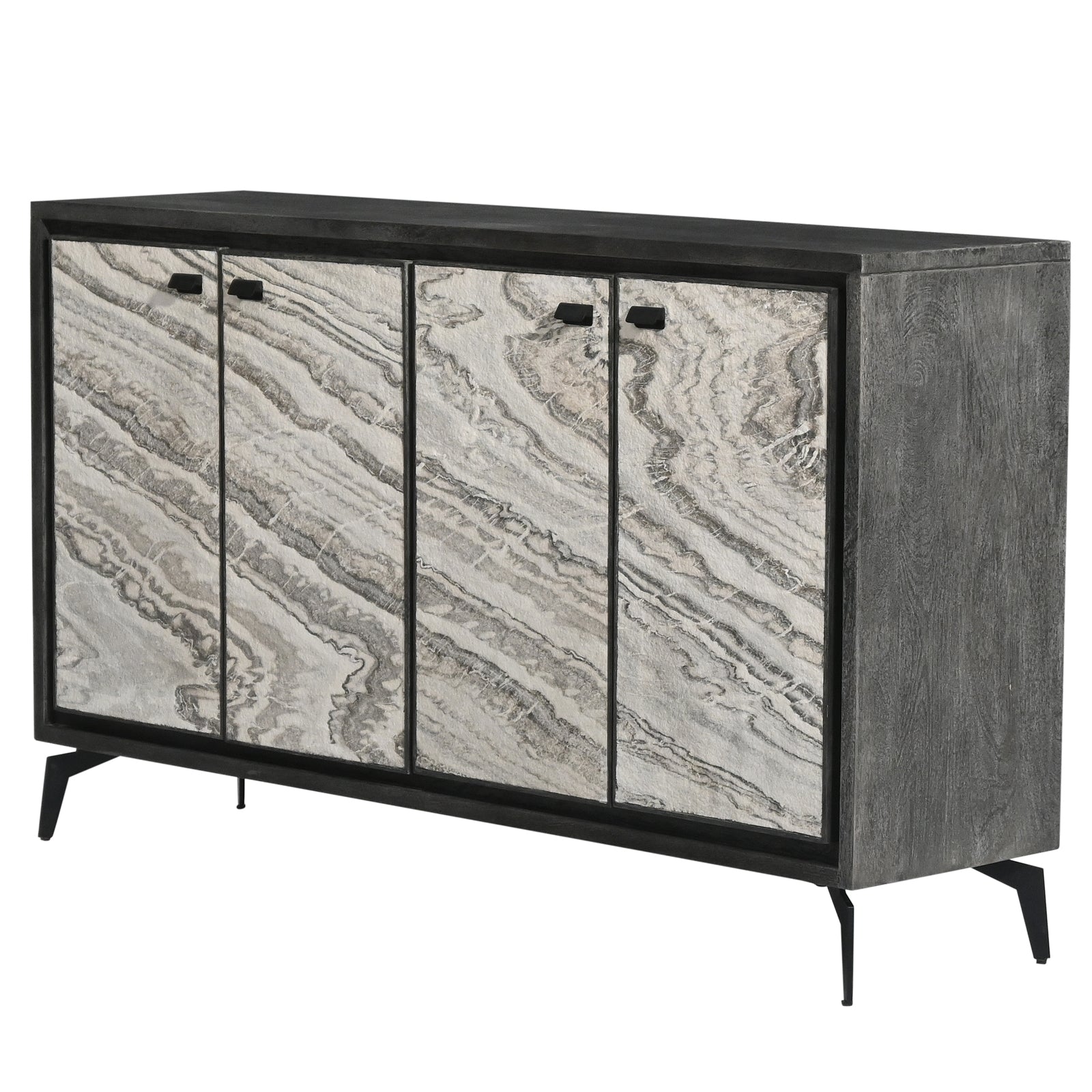 Modern Wooden Sideboard Cabinet with Marble-Patterned 4-Door Panels & Metal Legs