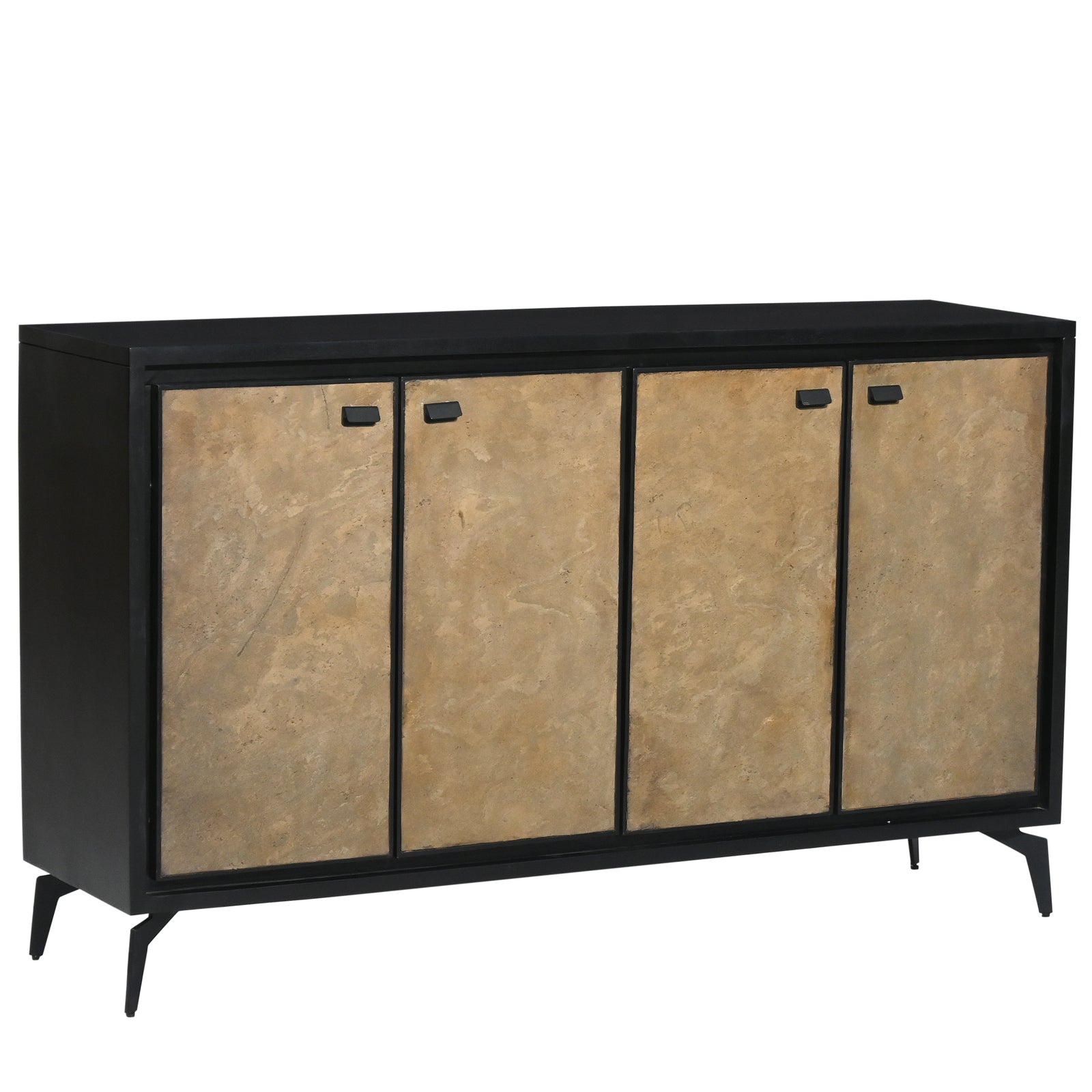 Modern Wooden Sideboard Cabinet with Marble-Patterned 4-Door Panels & Metal Legs