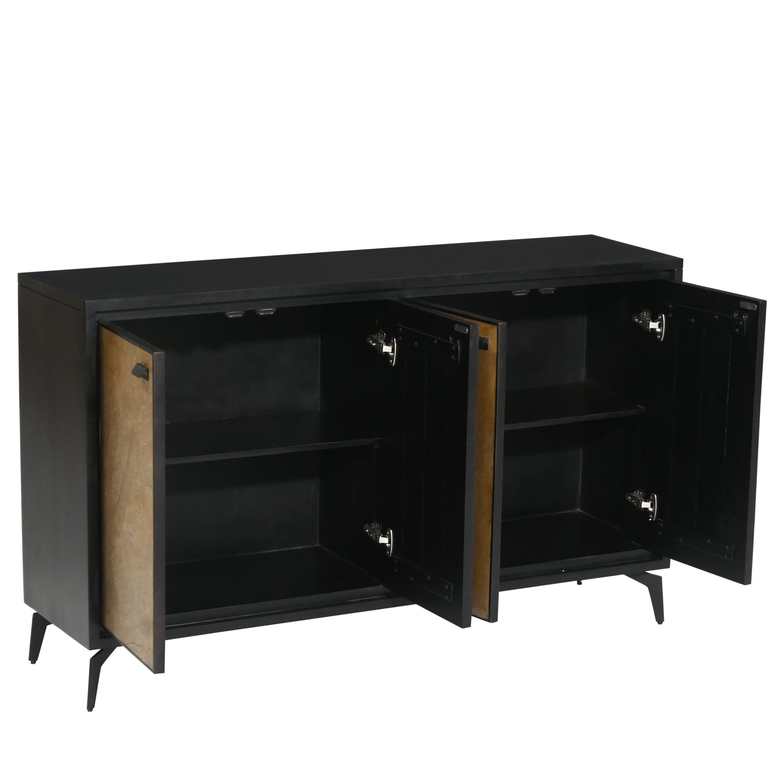 Modern Wooden Sideboard Cabinet with Marble-Patterned 4-Door Panels & Metal Legs