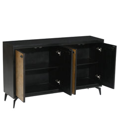 Modern Wooden Sideboard Cabinet with Marble-Patterned 4-Door Panels & Metal Legs