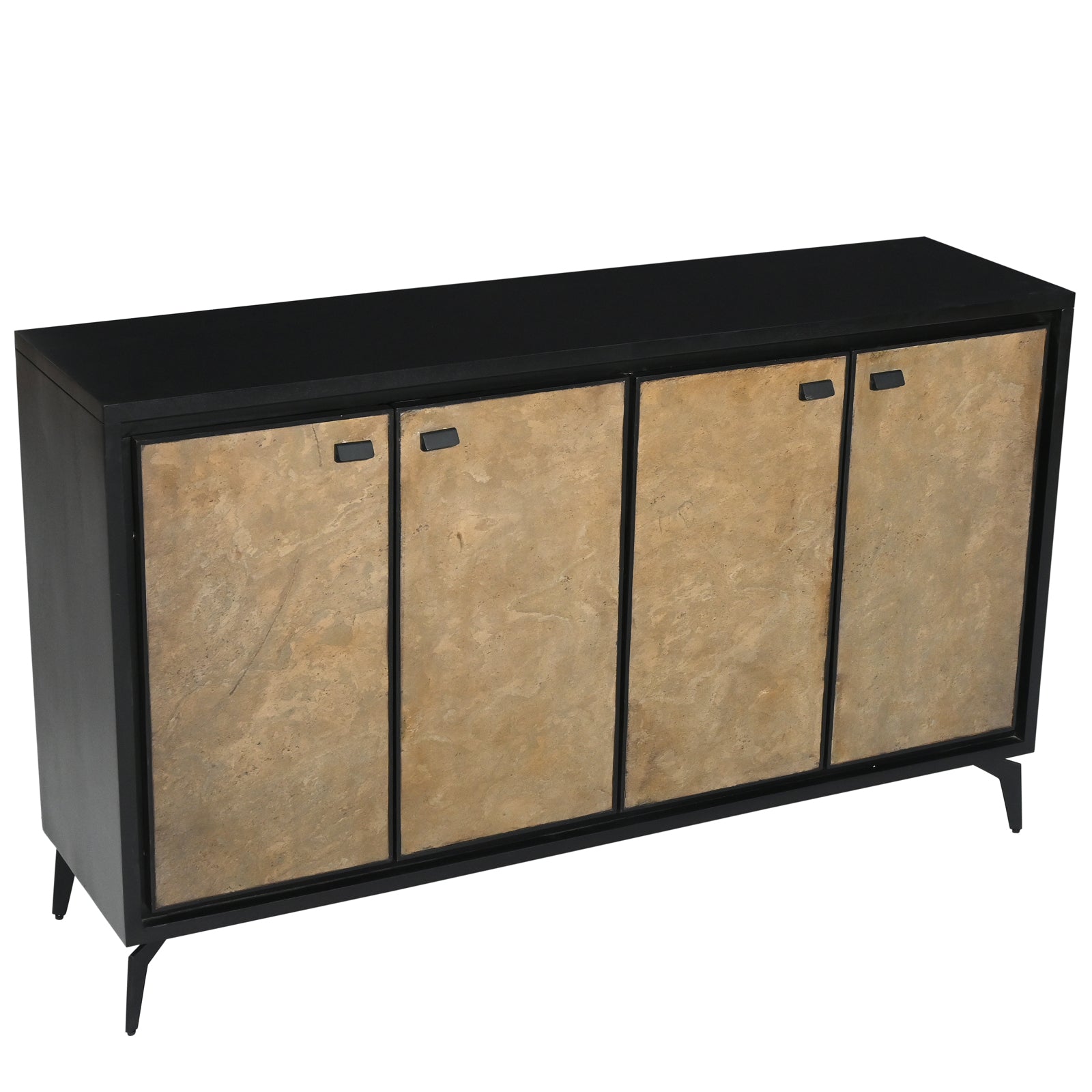 Modern Wooden Sideboard Cabinet with Marble-Patterned 4-Door Panels & Metal Legs