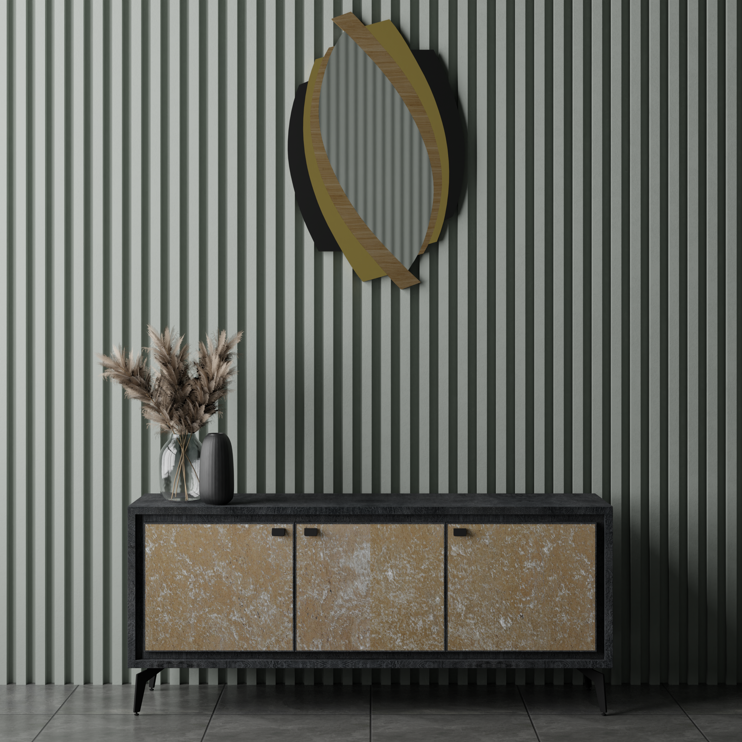 Modern Dark Wood 3-Door Sideboard Cabinet with Gold Textured Panels