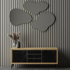 Modern Dark Grey Sideboard Credenza with Marble-Patterned 2-Doors & 3 Center Drawers