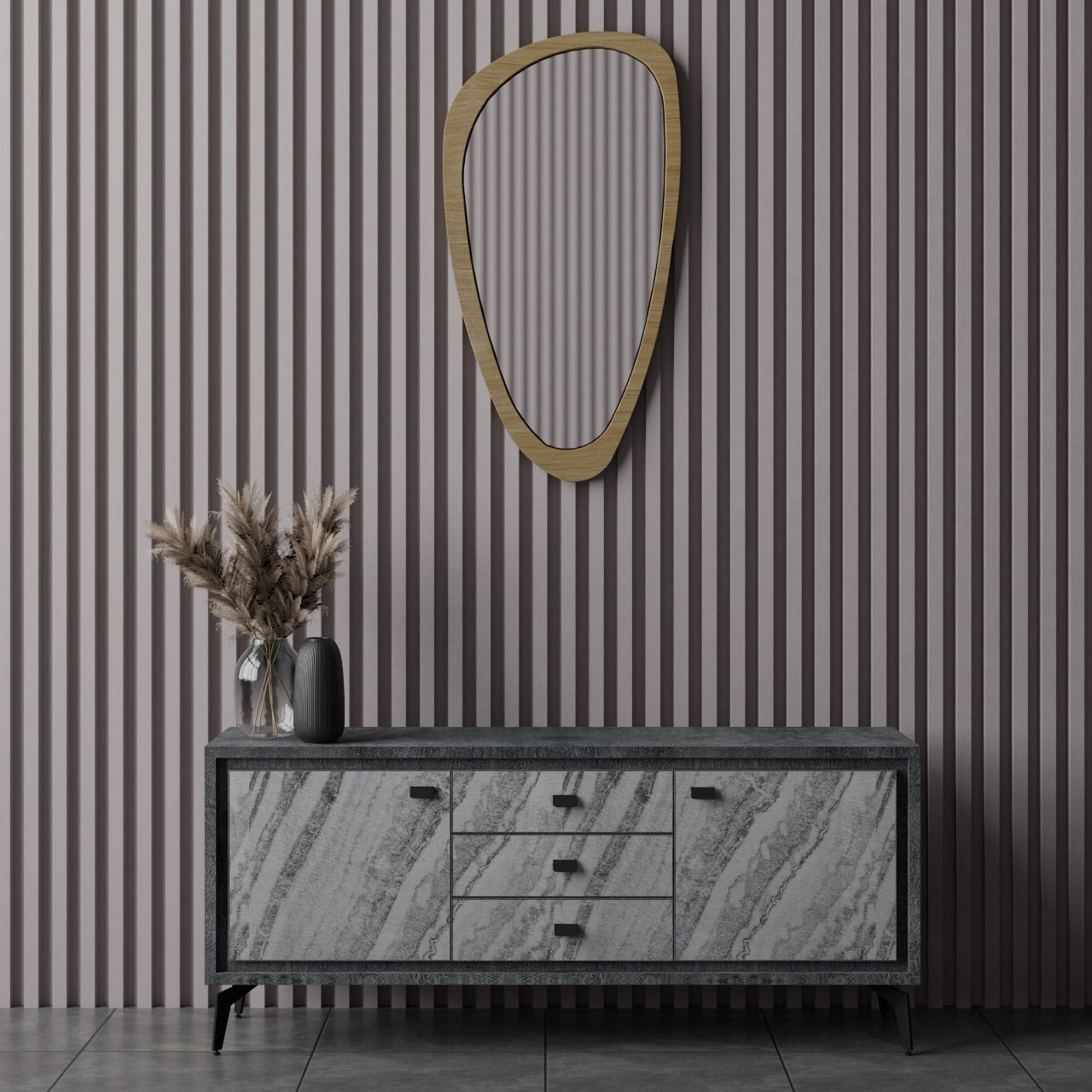 Modern Dark Grey Sideboard Credenza with Marble-Patterned 2-Doors & 3 Center Drawers