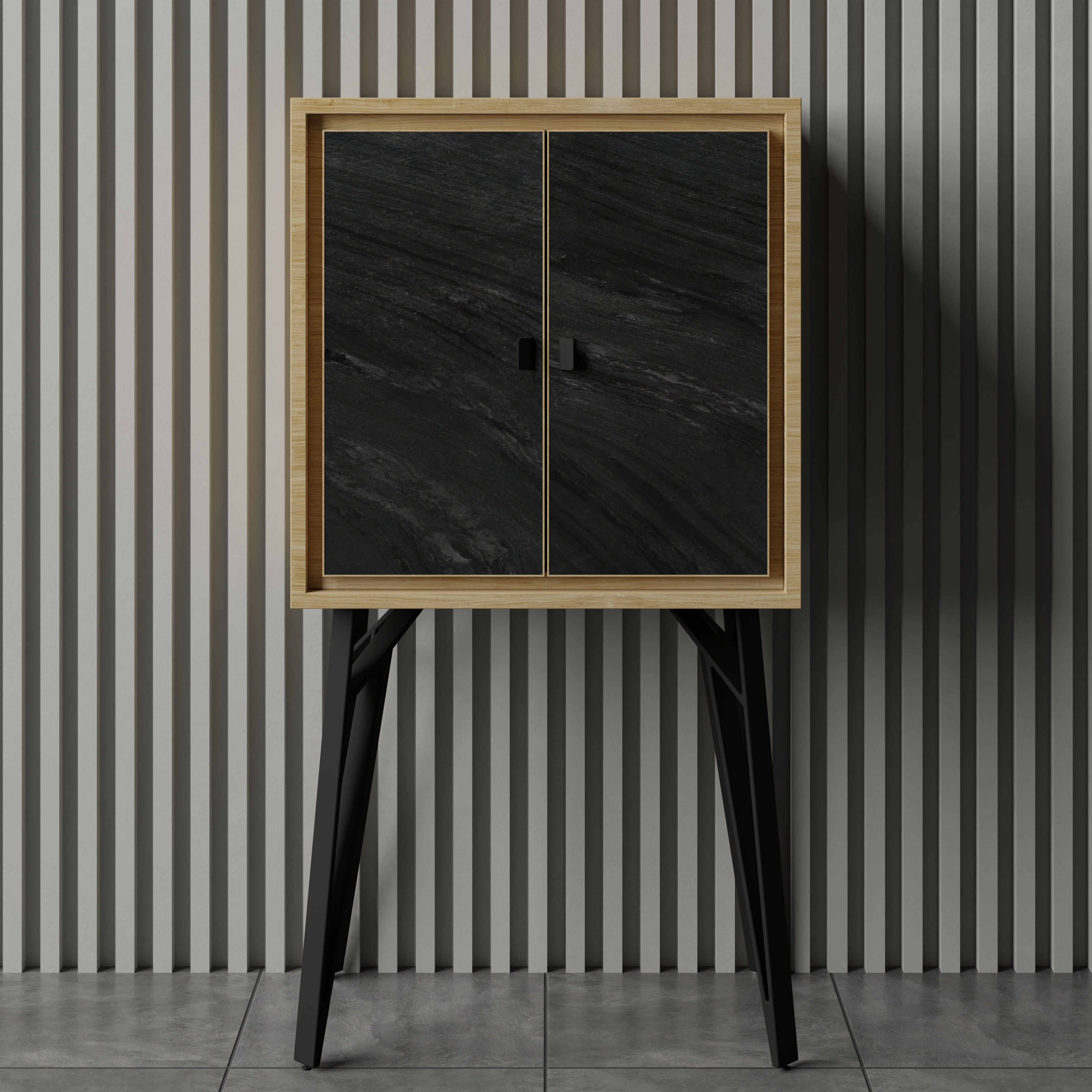 Contemporary 2-Door Tall Accent Cabinet with Natural Wooden Frame & Slate Black Fronts