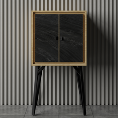 Contemporary 2-Door Tall Accent Cabinet with Natural Wooden Frame & Slate Black Fronts