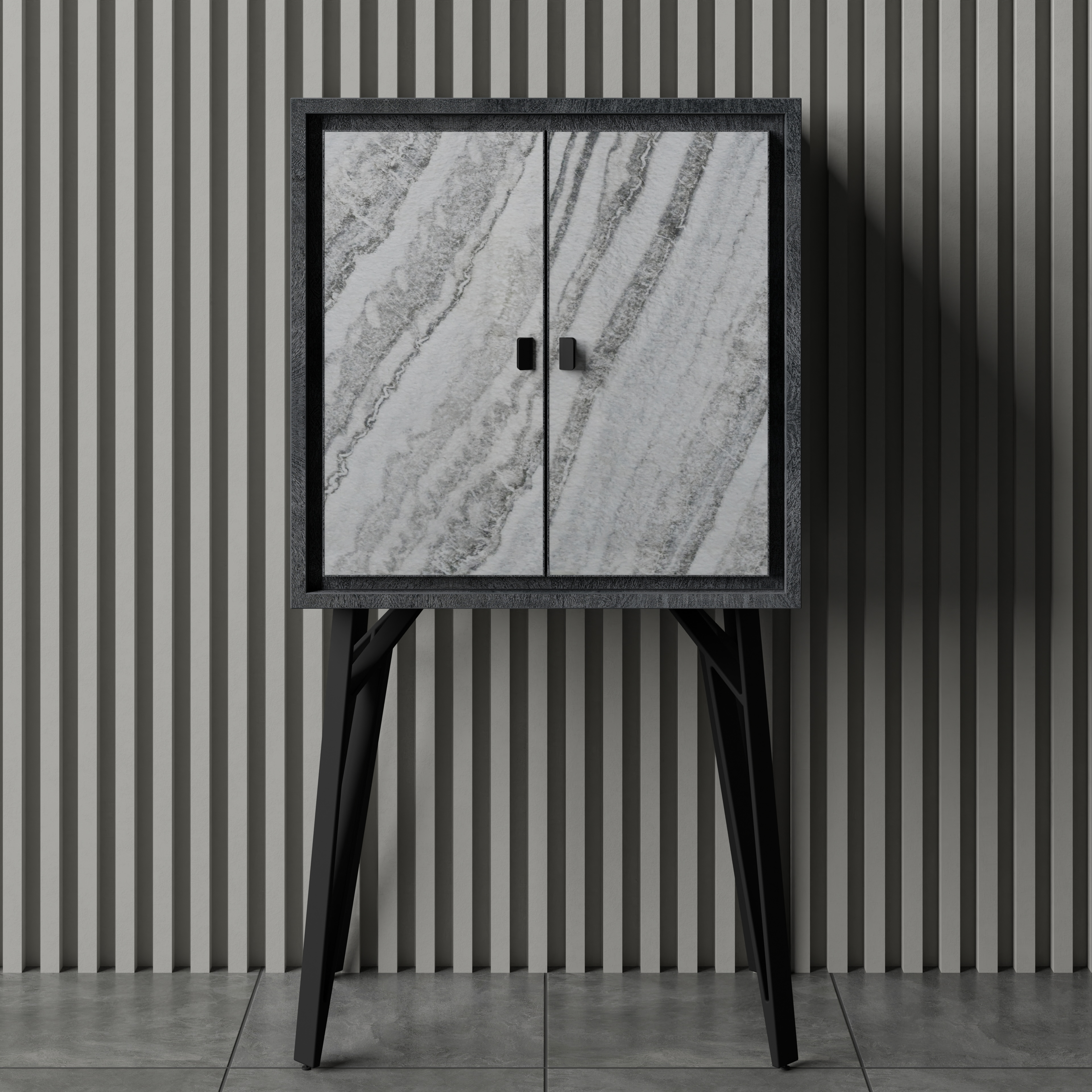 Contemporary 2-Door Tall Accent Cabinet with Natural Wooden Frame & Slate Black Fronts