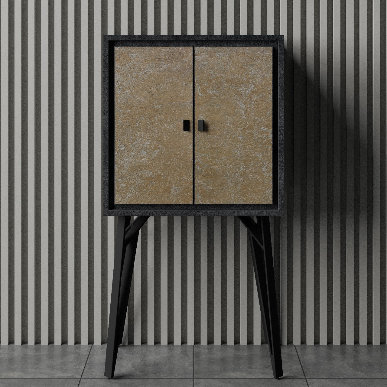 Contemporary 2-Door Tall Accent Cabinet with Natural Wooden Frame & Slate Black Fronts