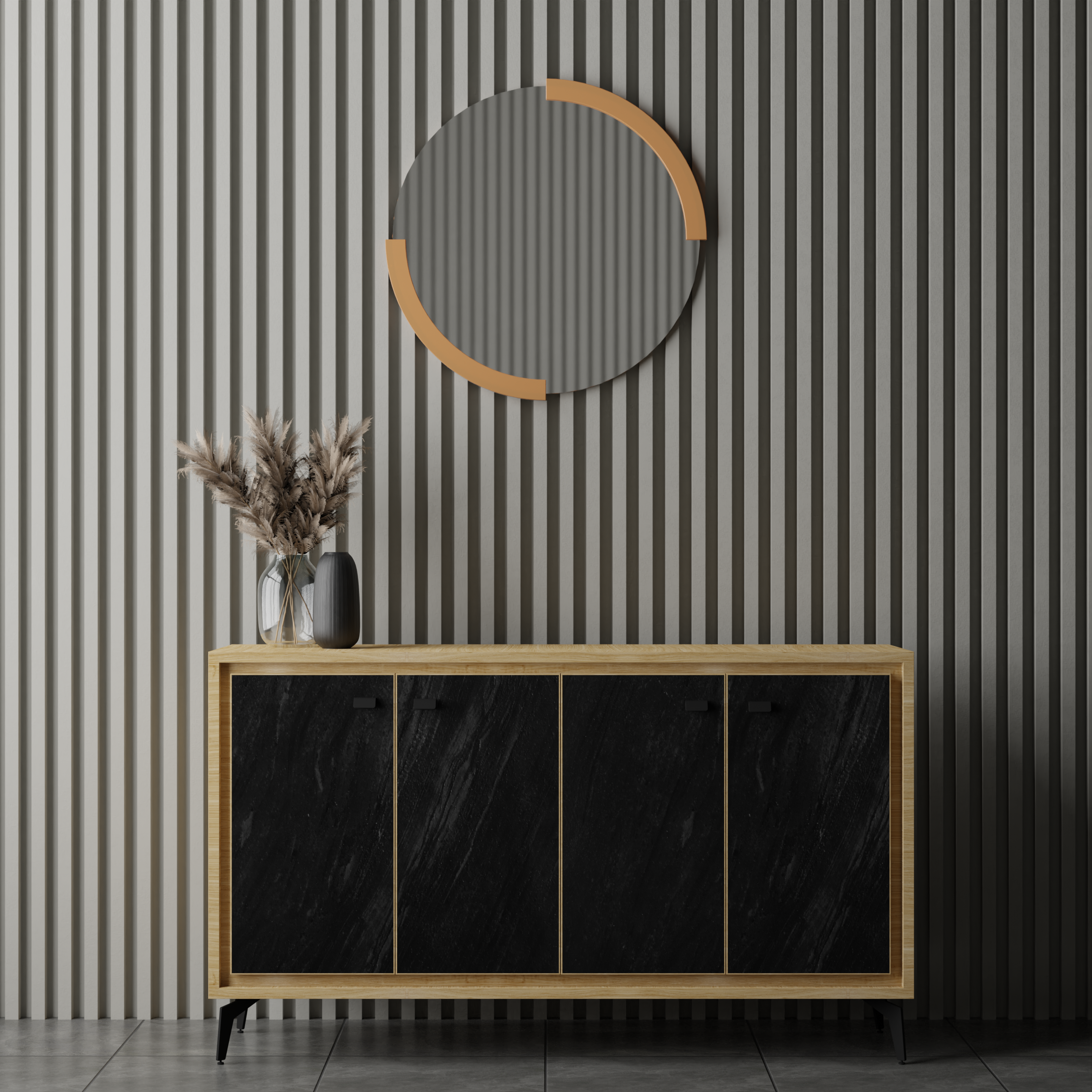 Nordic-Style 4-Door Storage Console Cabinet with Dual-Tone Oak & Black Finish