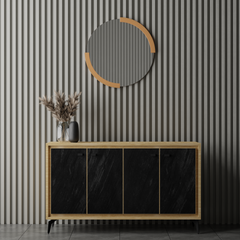Nordic-Style 4-Door Storage Console Cabinet with Dual-Tone Oak & Black Finish