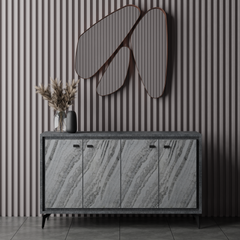 Nordic-Style 4-Door Storage Console Cabinet with Dual-Tone Oak & Black Finish
