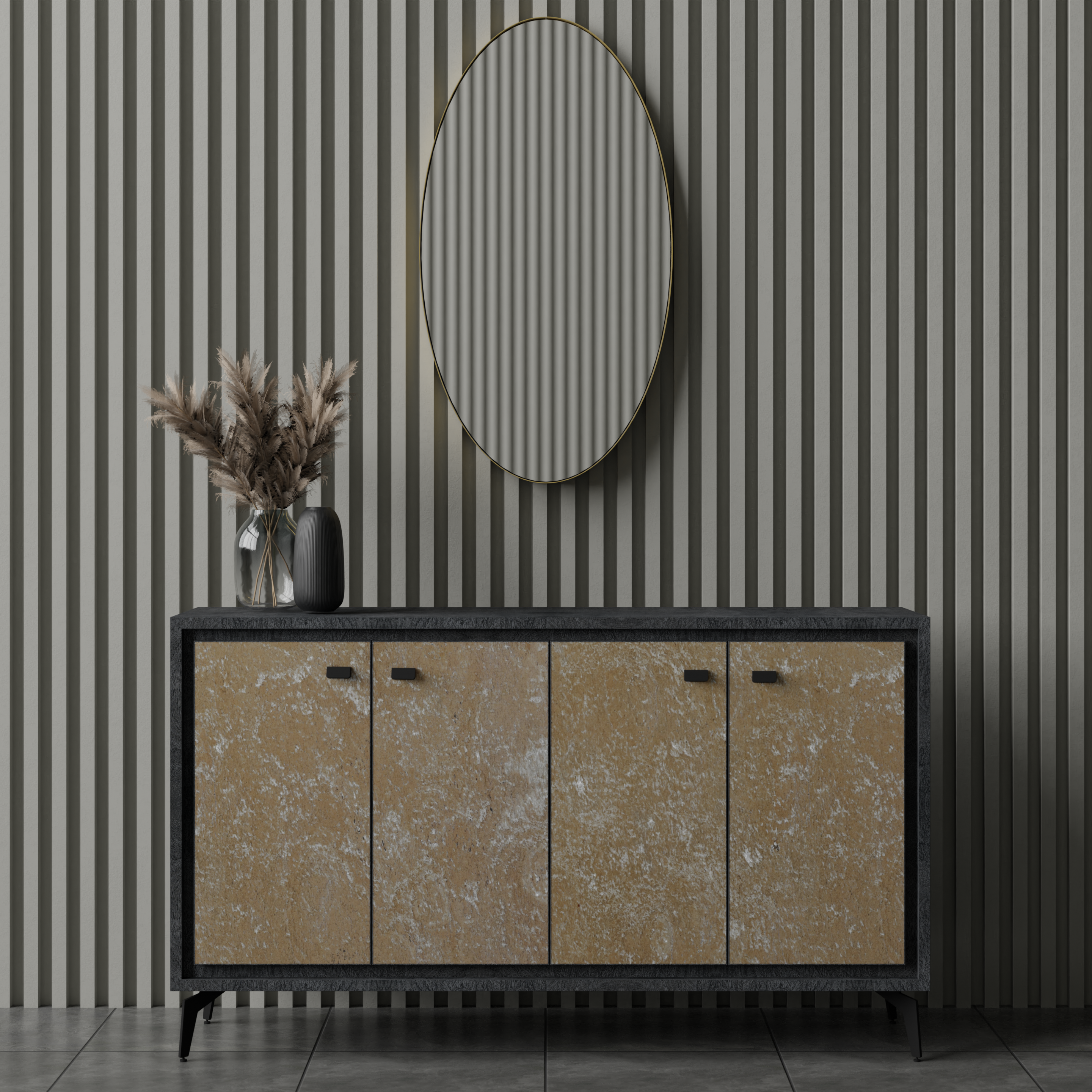 Nordic-Style 4-Door Storage Console Cabinet with Dual-Tone Oak & Black Finish