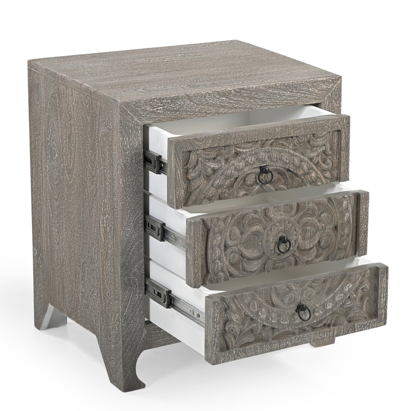 Hand-Carved Wooden 3-Drawer Nightstand  Side Table