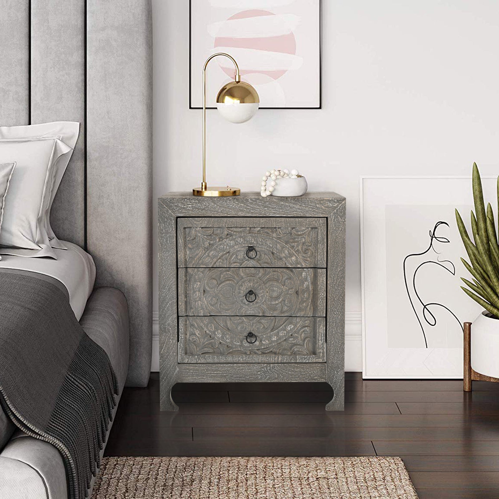 Hand-Carved Wooden 3-Drawer Nightstand  Side Table