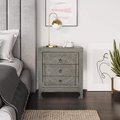 Hand-Carved Wooden 3-Drawer Nightstand  Side Table