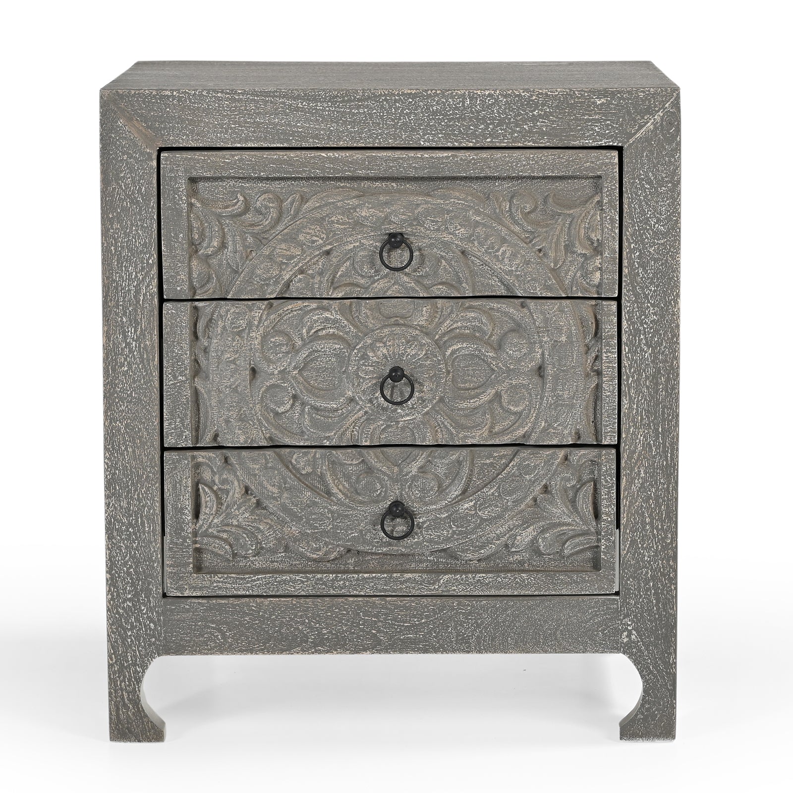 Hand-Carved Wooden 3-Drawer Nightstand  Side Table