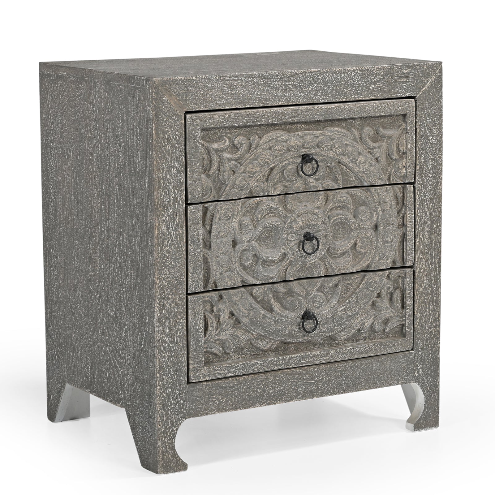 Hand-Carved Wooden 3-Drawer Nightstand  Side Table