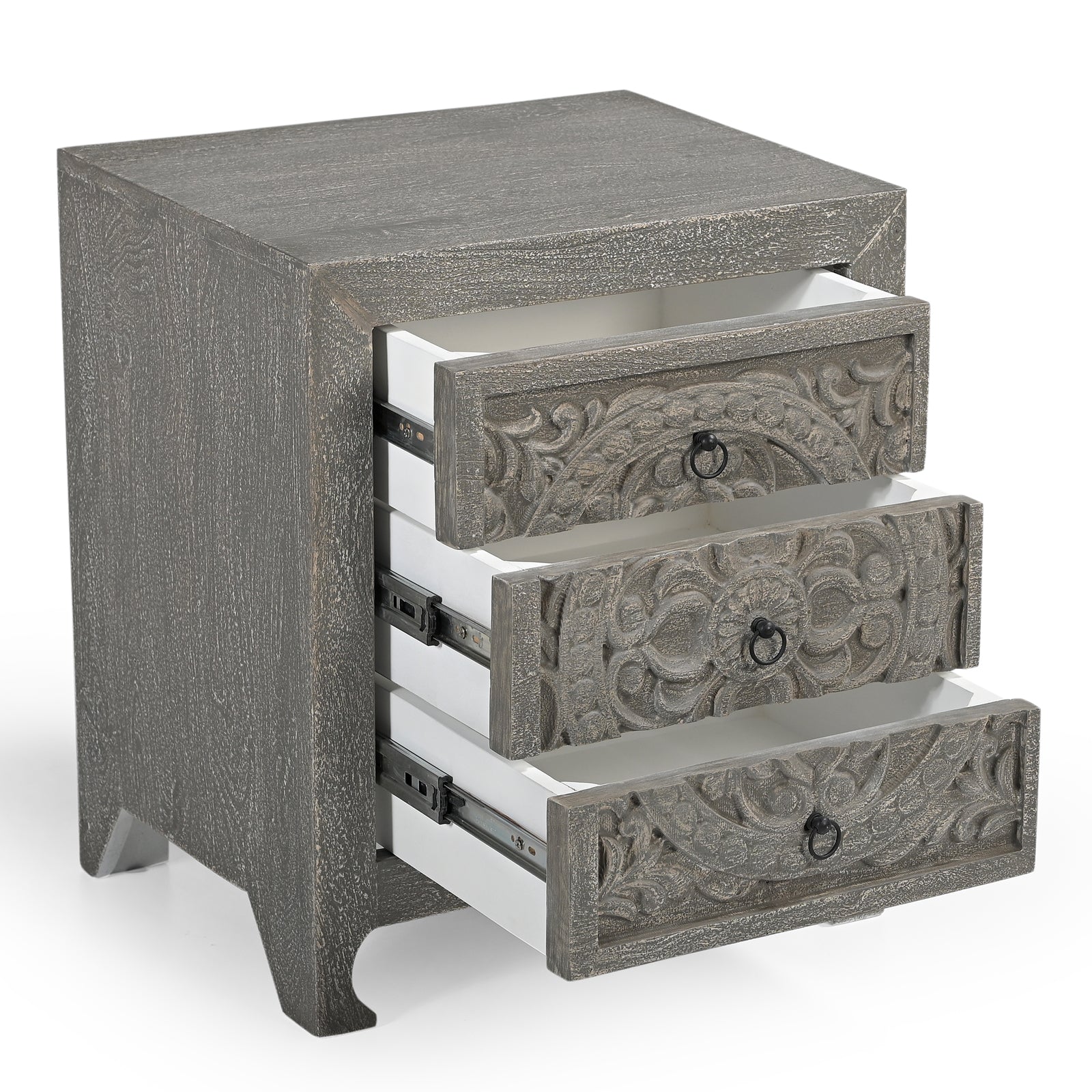 Hand-Carved Wooden 3-Drawer Nightstand  Side Table