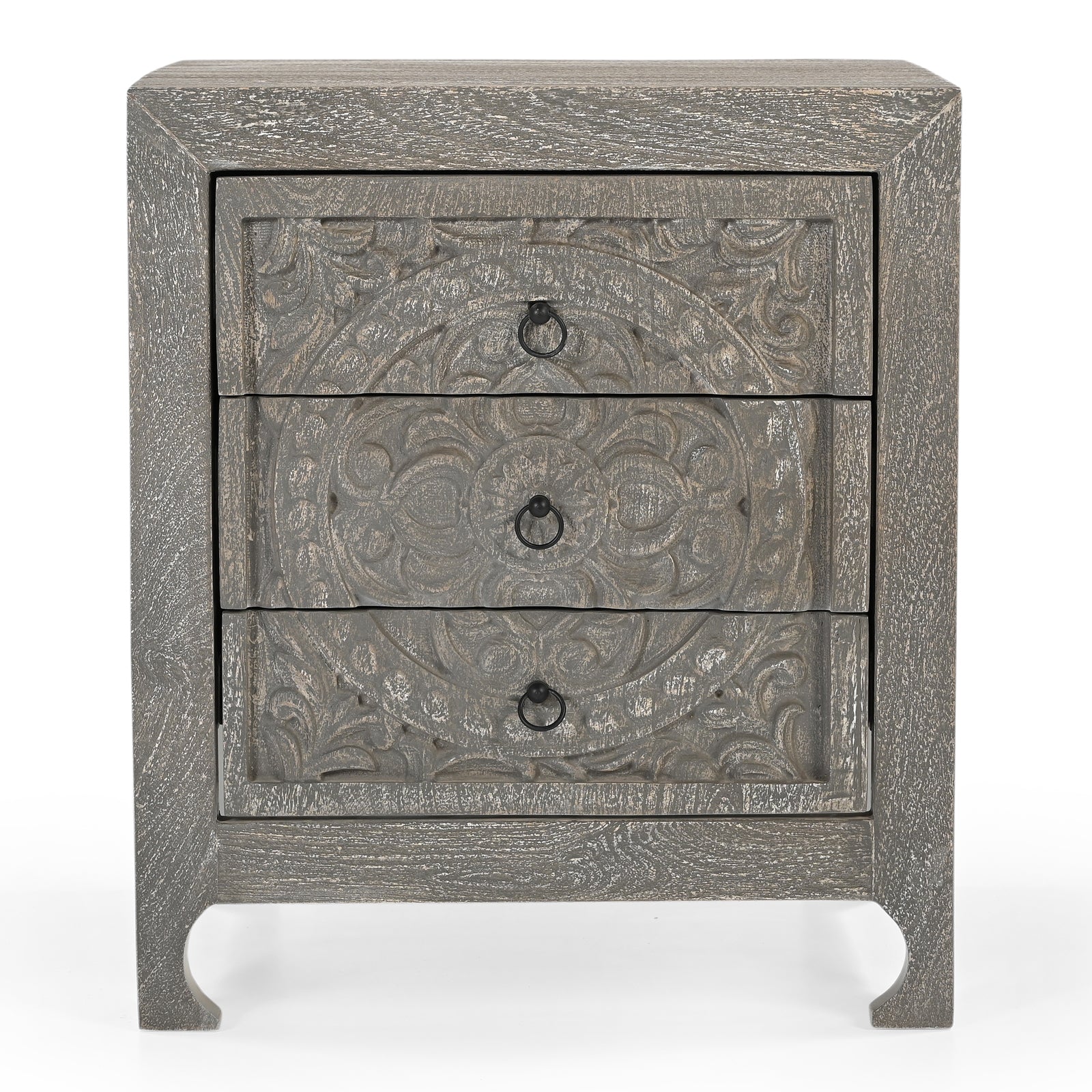Hand-Carved Wooden 3-Drawer Nightstand  Side Table