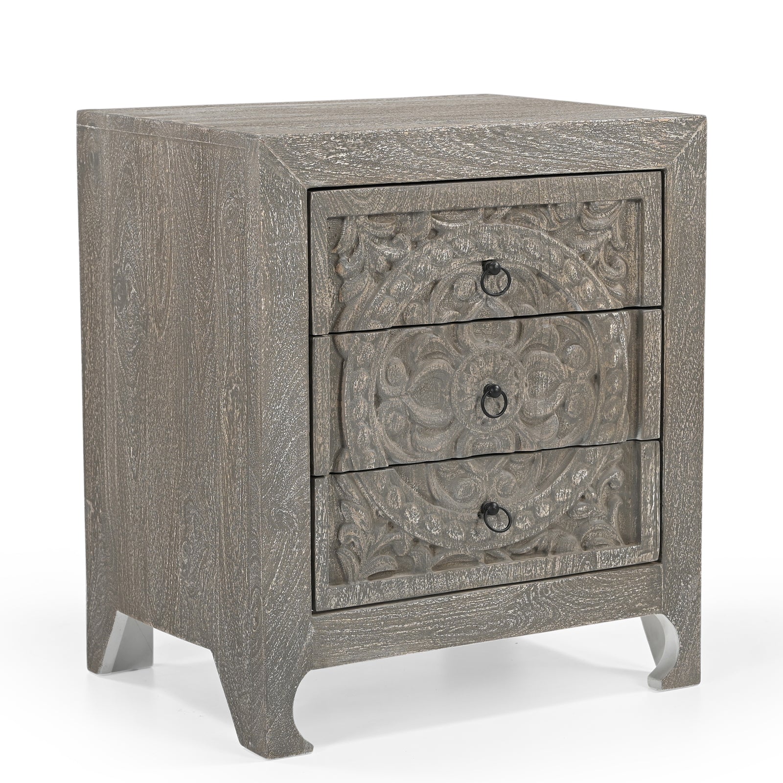 Hand-Carved Wooden 3-Drawer Nightstand  Side Table