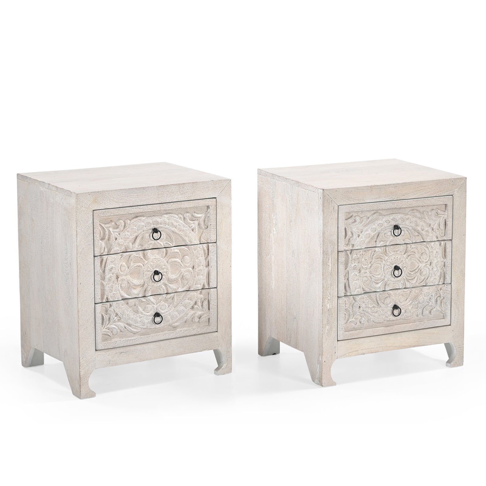 Hand-Carved Wooden 3-Drawer Nightstand  Side Table