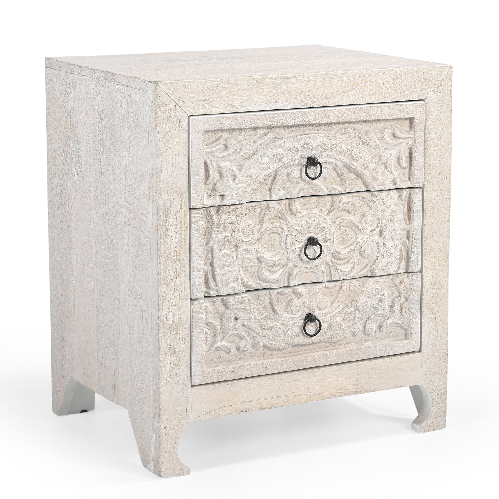 Hand-Carved Wooden 3-Drawer Nightstand  Side Table