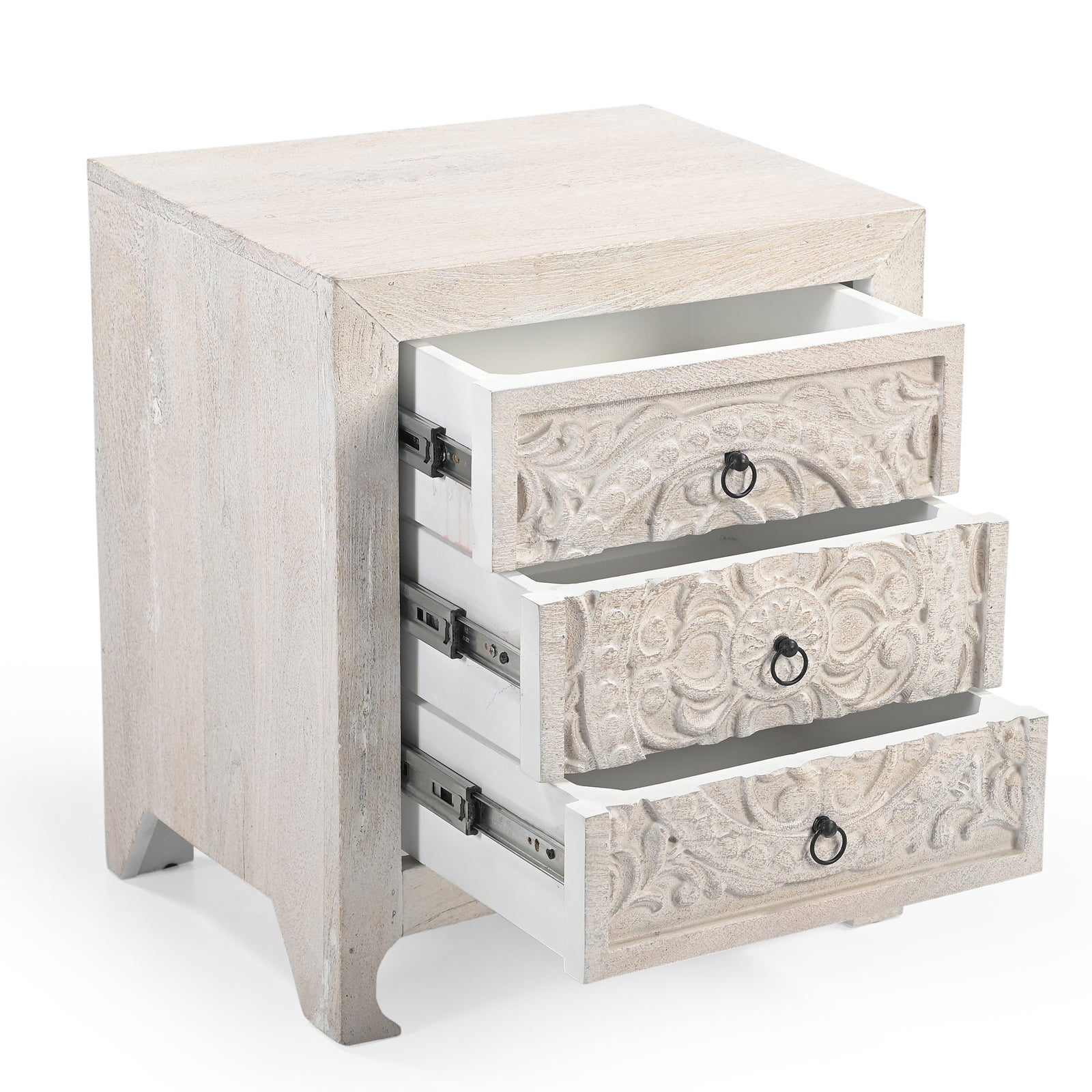 Hand-Carved Wooden 3-Drawer Nightstand  Side Table