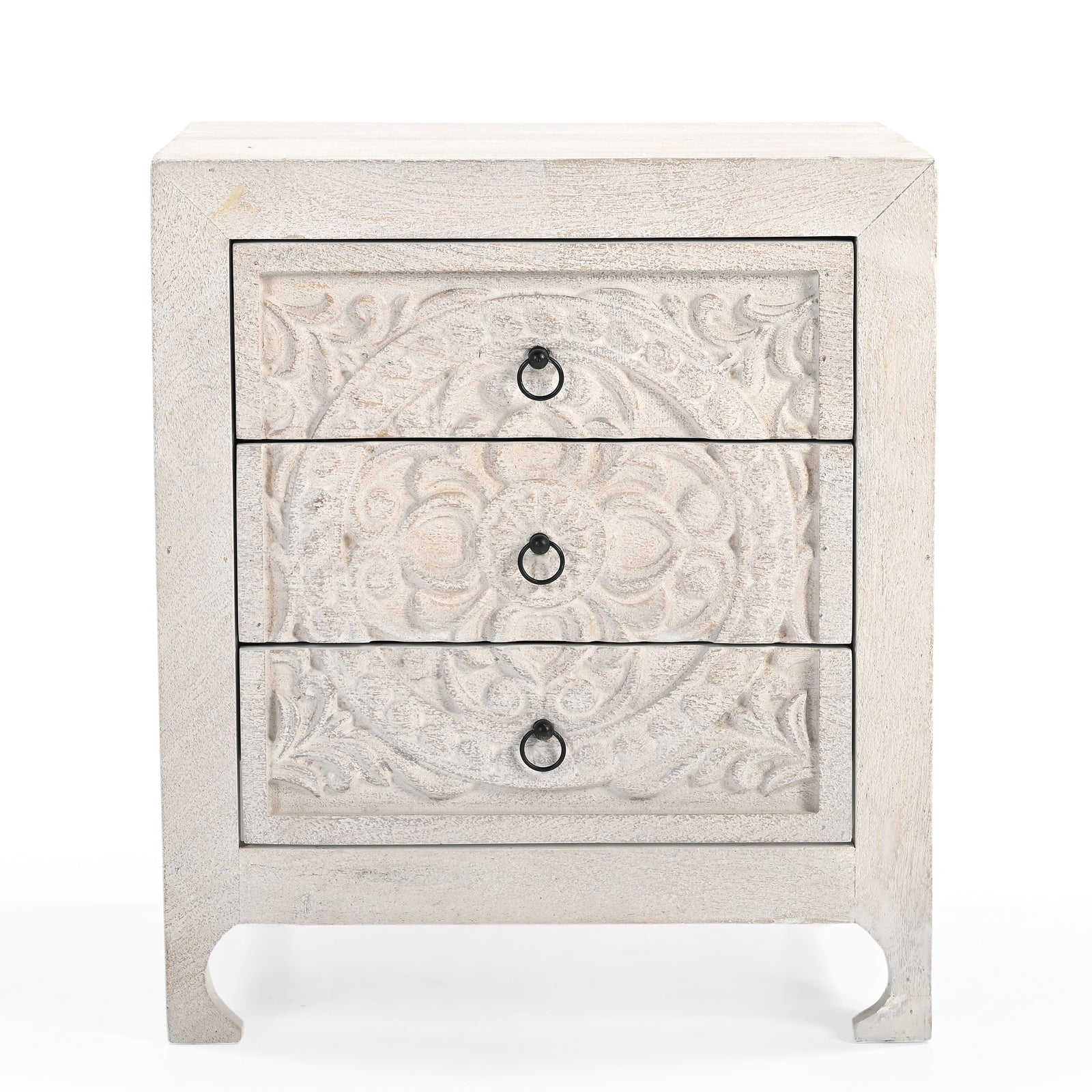 Hand-Carved Wooden 3-Drawer Nightstand  Side Table