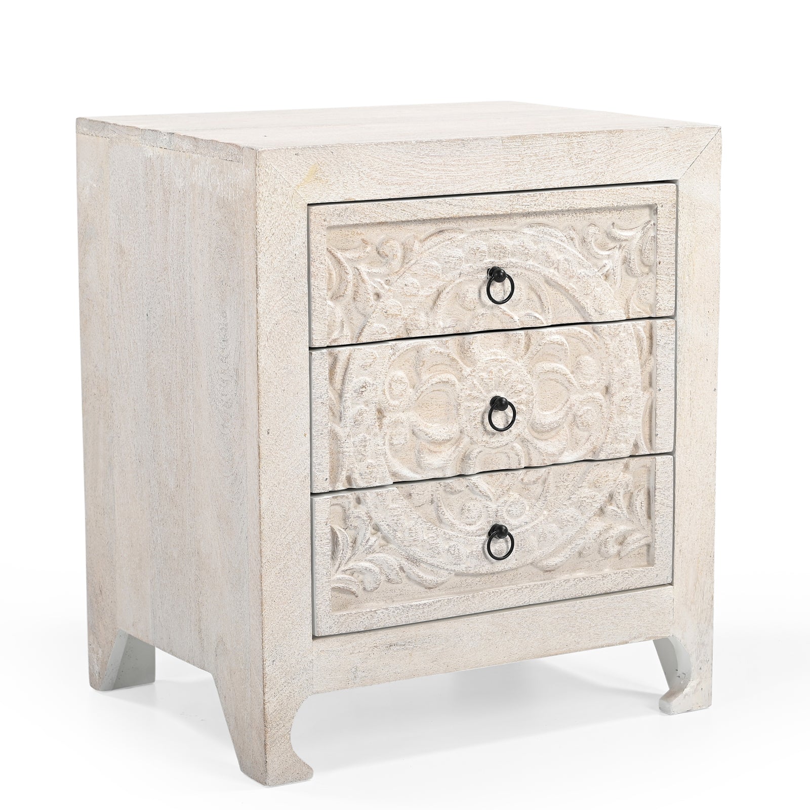 Hand-Carved Wooden 3-Drawer Nightstand  Side Table