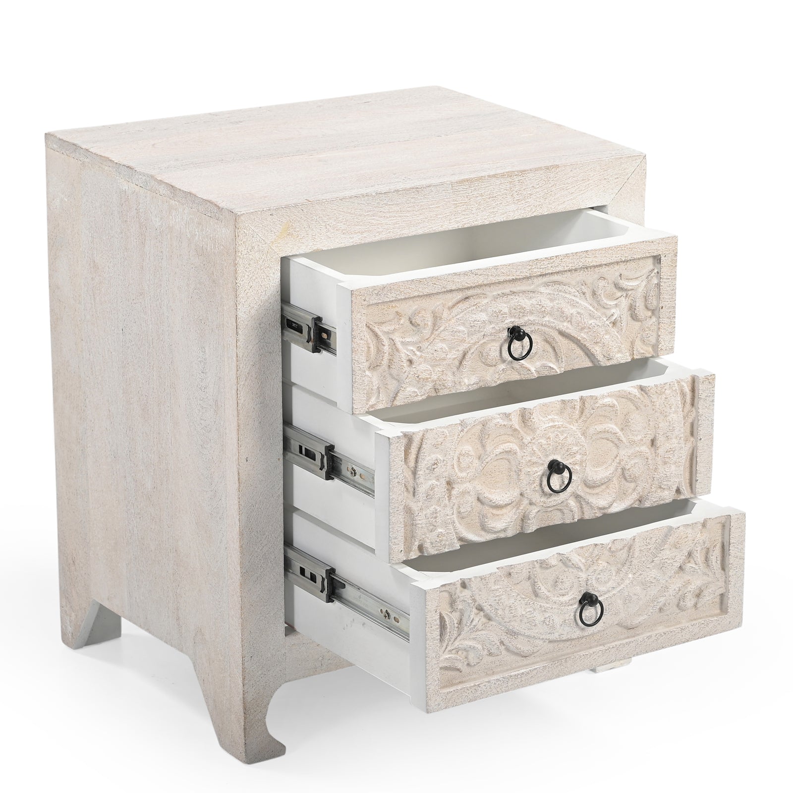 Hand-Carved Wooden 3-Drawer Nightstand  Side Table