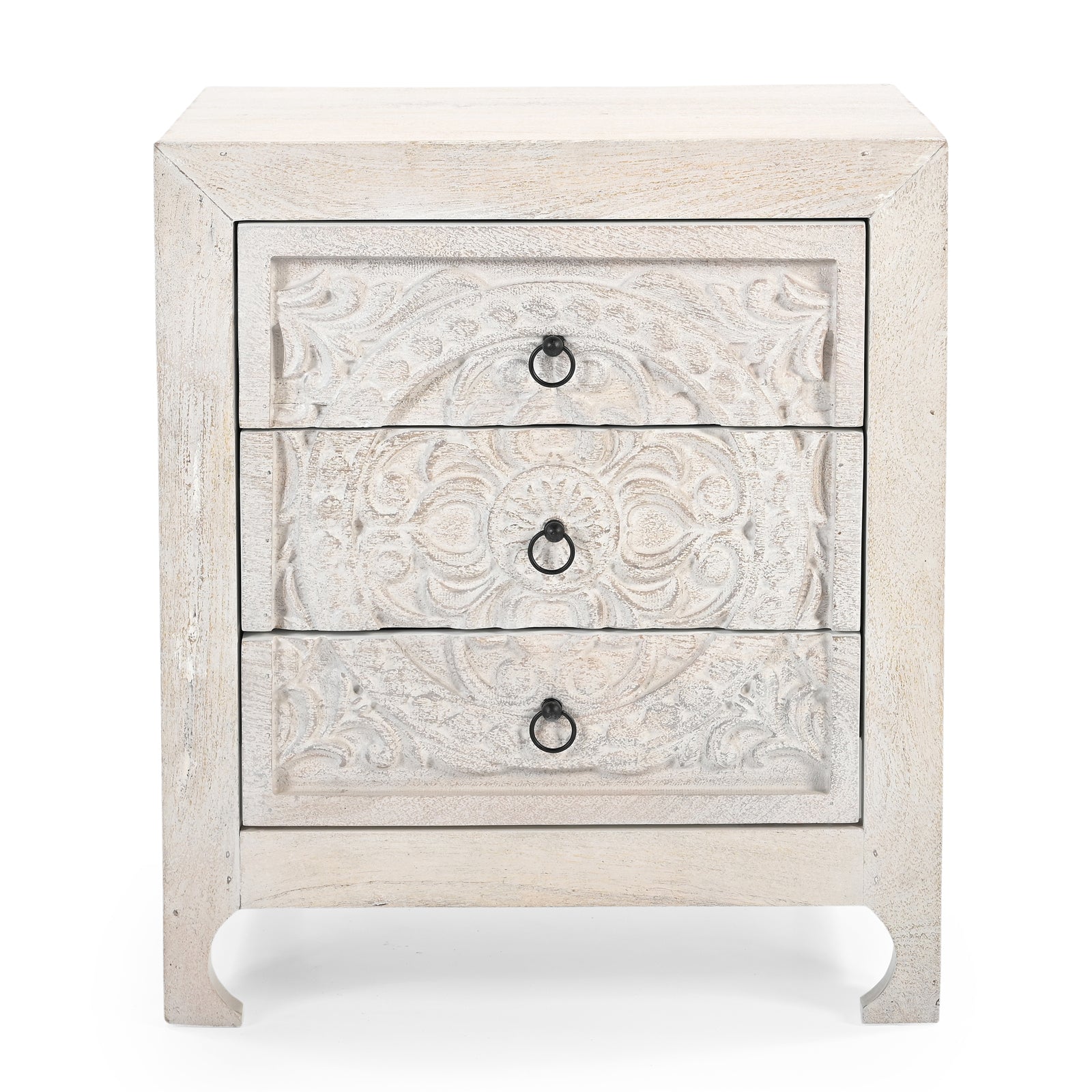 Hand-Carved Wooden 3-Drawer Nightstand  Side Table