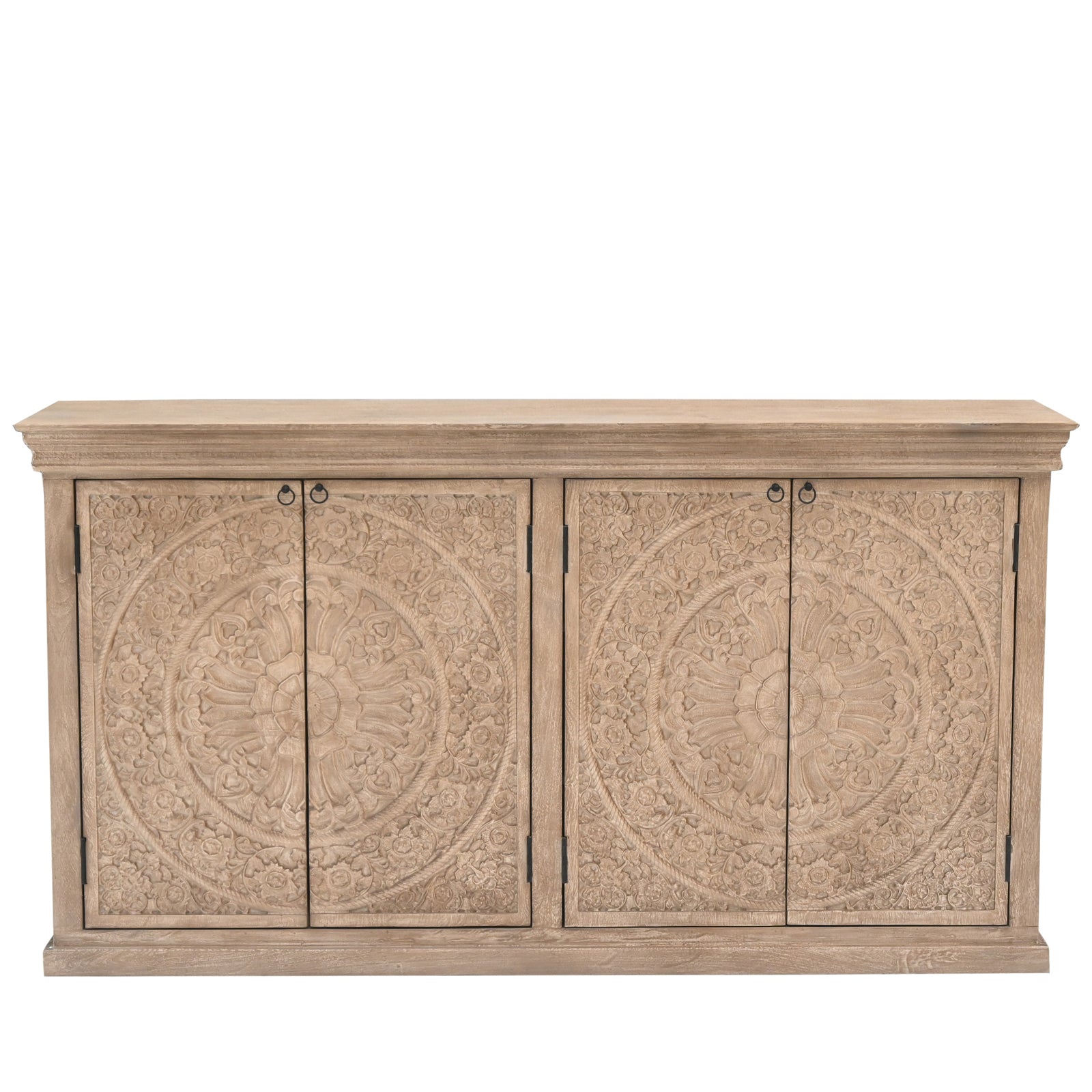 Large Hand-Carved Wooden 4-Door Sideboard  Storage Cabinet