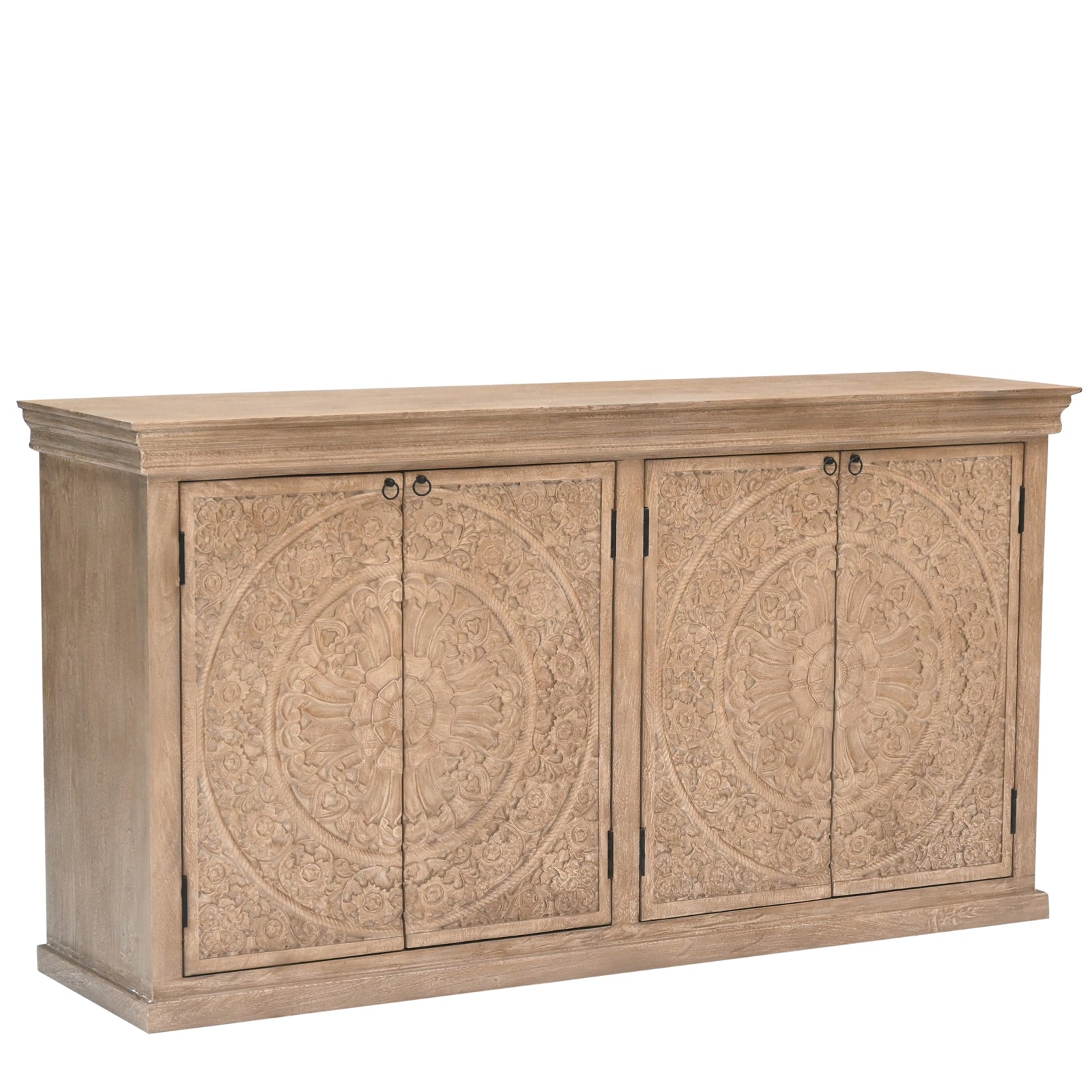Large Hand-Carved Wooden 4-Door Sideboard  Storage Cabinet