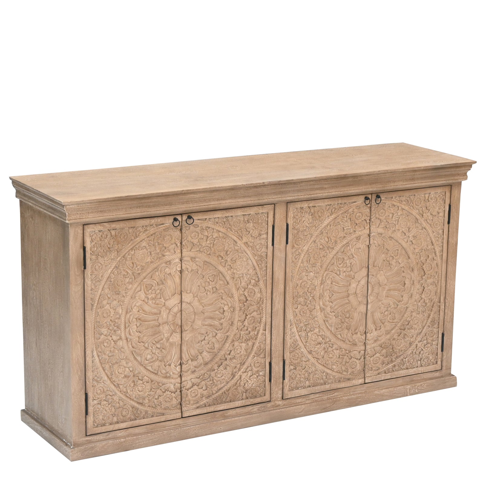 Large Hand-Carved Wooden 4-Door Sideboard  Storage Cabinet