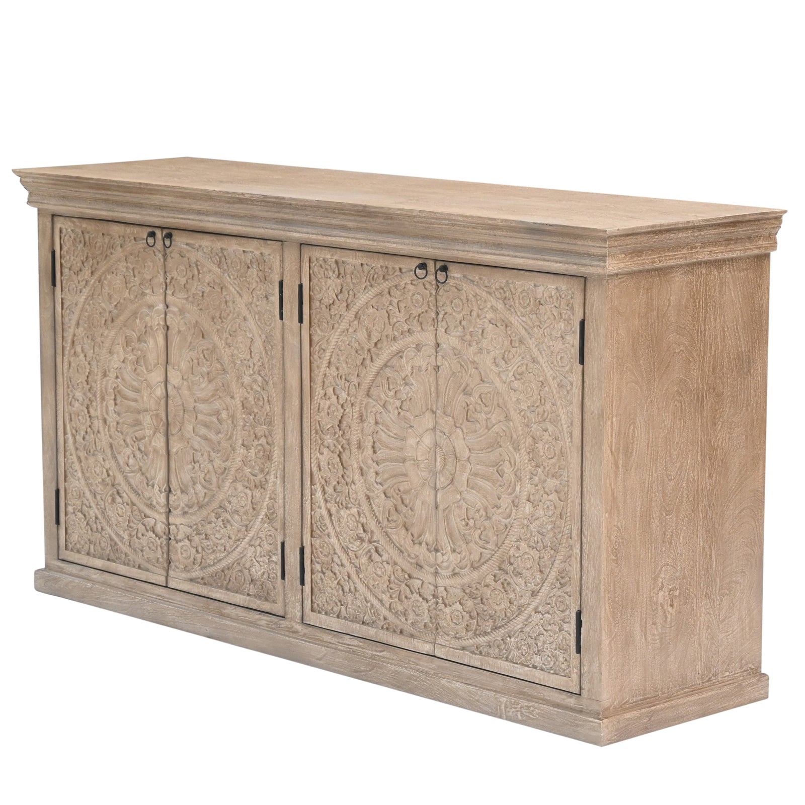 Large Hand-Carved Wooden 4-Door Sideboard  Storage Cabinet