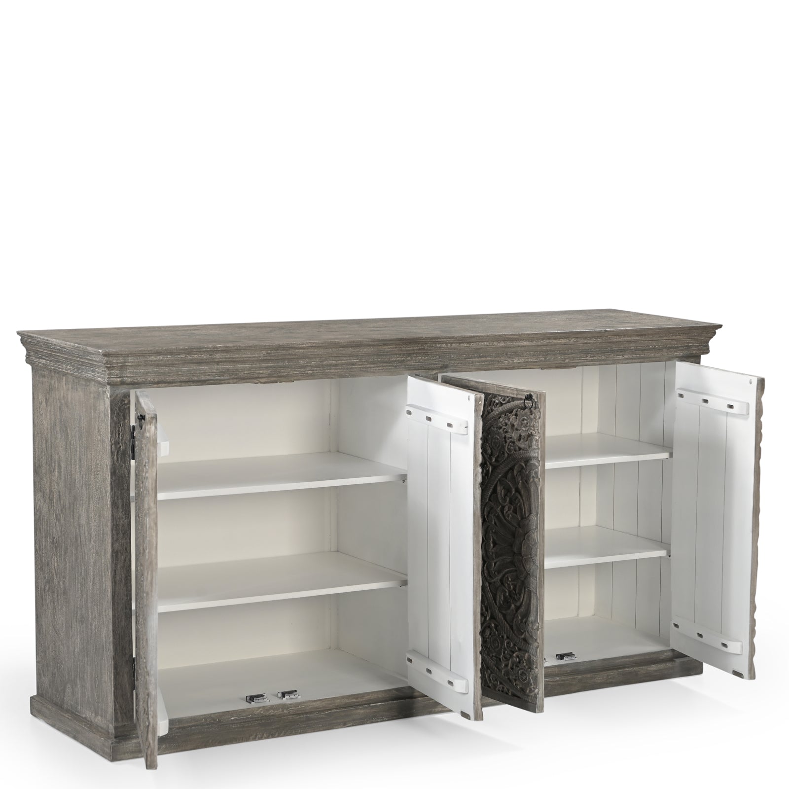 Large Hand-Carved Wooden 4-Door Sideboard  Storage Cabinet